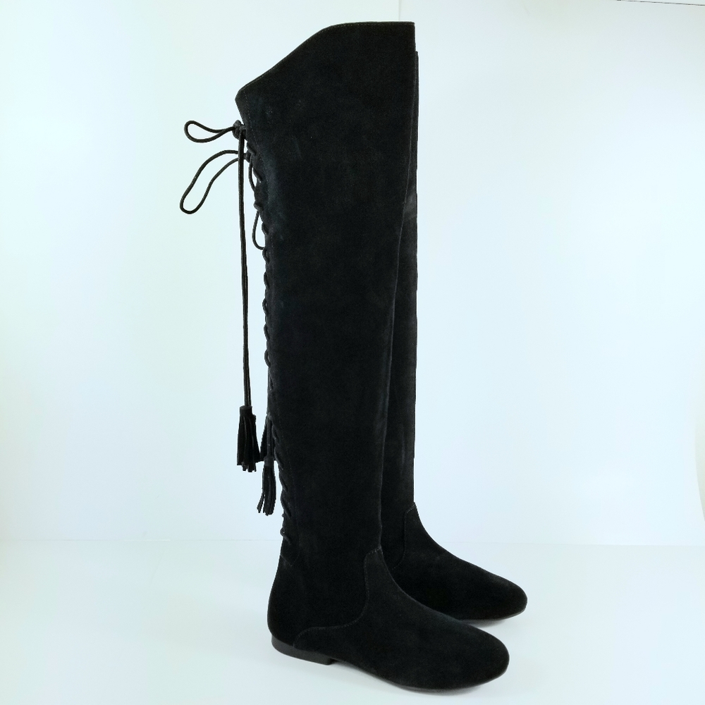 Sz 6 Lucky Brand Suede Over the Knee Corset Back Flat Boots NWOT